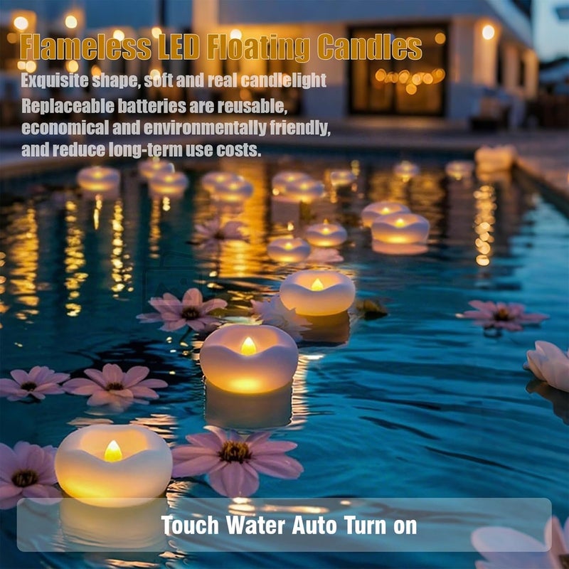Eynshoo 12 Pack Floating Candles,3-Inch Waterproof LED Tea Lights–Realistic Flickering Flame,160-Hour Battery, Flameless&Safe, Auto On/Off for Centerpieces,Pool, Weddings,Halloween, Parties - Image 4